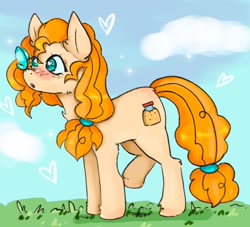 Size: 1938x1758 | Tagged: safe, artist:kittygutzzart, pear butter, butterfly, earth pony, pony, g4, :o, blushing, butterfly on nose, female, heart, insect on nose, mare, open mouth, raised hoof, solo