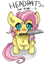 Size: 2048x2732 | Tagged: safe, artist:kittygutzzart, fluttershy, pegasus, pony, g4, :3, beanbrows, eyebrows, head pat, heart, heart eyes, high res, knife, looking at you, looking up, looking up at you, mouth hold, pat, pet request, simple background, solo, talking to viewer, white background, wingding eyes