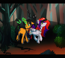 Size: 4500x4054 | Tagged: safe, artist:opalacorn, oc, oc only, oc:aegis beacon, oc:evening prose, pegasus, pony, unicorn, camera, female, flashlight (object), forest, freckles, jewelry, male, mare, monster, necklace, pearl necklace, stallion