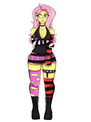 Size: 2048x2732 | Tagged: safe, artist:kittygutzzart, fluttershy, human, equestria girls, g4, arm under breasts, boots, breasts, busty fluttershy, cleavage, clothes, coontails, cutie mark on clothes, emo, evening gloves, female, fingerless elbow gloves, fingerless gloves, gloves, hairpin, high res, long gloves, looking sideways, shoes, shorts, simple background, skull and crossbones, socks, solo, striped gloves, striped socks, thigh highs, white background, wide hips