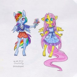 Size: 1200x1200 | Tagged: safe, artist:cloud_up, fluttershy, rainbow dash, pegasus, anthro, unguligrade anthro, g4, clothes, dress, duo, female, flower, lesbian, ship:flutterdash, shipping, shorts, traditional art