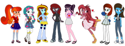 Size: 4096x1500 | Tagged: artist needed, editor needed, source needed, safe, artist:razethebeast, artist:vector-brony, artist:wubcakeva, oc, oc only, oc:bella voce, oc:brittneigh ackermane, oc:curse word, oc:ilovekimpossiblealot, oc:magpie, oc:mezma, oc:pinkie rose, oc:starry flame, human, equestria girls, g4, boots, clothes, converse, denim, equestria girls-ified, feet, jeans, lace sandals, mary janes, midriff, miniskirt, pants, sandals, shoes, simple background, skirt, toes, transparent background