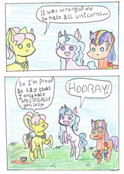 Size: 1633x2297 | Tagged: safe, artist:oneovertwo, izzy moonbow, posey bloom, sunny starscout, earth pony, pony, unicorn, g5, 2 panel comic, :i, :|, bow, comic, cup, dialogue, female, hair bow, jewelry, mare, necklace, open mouth, open smile, smiling, speech bubble, spilled drink, tail, tail bow, trio, trio female