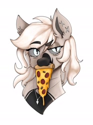 Size: 2048x2732 | Tagged: safe, artist:kittygutzzart, oc, oc only, oc:devilvoice, bat pony, bat pony oc, ear piercing, eyebrows, eyebrows visible through hair, female, food, high res, jewelry, mare, meat, necklace, pepperoni, pepperoni pizza, piercing, pizza, simple background, slice of pizza, solo, white background