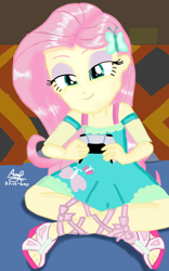 Size: 800x1280 | Tagged: safe, artist:mazakbar567, fluttershy, human, equestria girls, g4, game stream, my little pony equestria girls: better together, beautiful, clothes, controller, cutie mark on clothes, female, games, hairpin, playstation, playstation 5, smiling