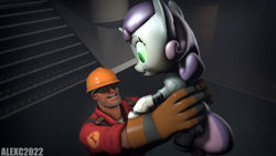 Size: 1920x1080 | Tagged: safe, artist:alexsc112, sweetie belle, human, pony, robot, robot pony, unicorn, g4, 3d, crossover, engineer, engineer (tf2), holding a pony, smiling, source filmmaker, sweetie bot, team fortress 2