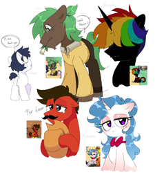 Size: 1368x1519 | Tagged: oc name needed, safe, artist:inkp0ne, oc, oc only, oc:michel tusche, alicorn, earth pony, pony, unicorn, pony town, alicorn oc, black coat, blue mane, blue tail, blushing, bowtie, brown coat, brown mane, clothes, covered eyes, crying, ears, ears up, earth pony oc, glasses, green mane, green tail, group, hat, horn, michel is such a cute filly, multicolored hair, rainbow hair, random pony, red coat, screencap reference, simple background, spanish text, speech bubble, sweater, tail, teary eyes, unicorn oc, white background, white coat, wings