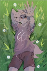 Size: 543x815 | Tagged: safe, artist:jazzynsfw, oc, oc only, anthro, clothes, grass, shirt, shorts, solo, t-shirt