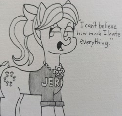Size: 2844x2724 | Tagged: safe, artist:spoopygirl, posey bloom, earth pony, pony, g5, bow, clothes, dan vs, female, hair bow, high res, jewelry, lineart, mare, necklace, posey can't catch a break, shirt, solo, tail, tail bow, traditional art