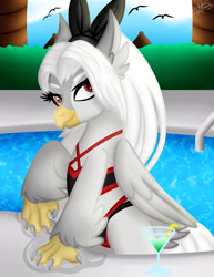 Size: 3000x3885 | Tagged: safe, artist:princessmoonsilver, oc, oc only, oc:viktoria, bird, classical hippogriff, hippogriff, bikini, bow, clothes, commission, drink, female, hair bow, hair bun, high res, looking at you, poolside, solo, straw, swimming pool, swimsuit, ych result