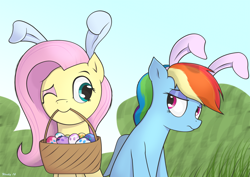 Size: 1754x1240 | Tagged: safe, artist:wonkysole, fluttershy, rainbow dash, pegasus, pony, g4, basket, bunny ears, bush, bust, cute, dashabetes, duo, easter, easter egg, eyebrows, eyelashes, eyeshadow, female, folded wings, grass, holiday, lidded eyes, looking at each other, looking at someone, makeup, mare, mouth hold, one eye closed, rainbow dash is not amused, raised eyebrow, shyabetes, signature, sky, smiling, unamused, wings, wink