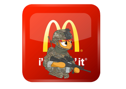 Size: 4961x3508 | Tagged: safe, artist:wonkysole, oc, oc only, oc:matchstick, pony, absurd resolution, ar-15, clothes, gun, mcdonald's, military uniform, rifle, solo, uniform, weapon