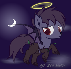 Size: 3530x3420 | Tagged: safe, artist:strategypony, oc, oc only, oc:nyn indigo, bat pony, hybrid, original species, timber pony, timber wolf, bat wings, cloud, colored pupils, colt, ear fluff, ear tufts, flying, foal, halo, high res, male, moon, night, outdoors, rest in peace, sky, solo, spread wings, text, tribute, wings