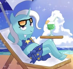 Size: 1489x1408 | Tagged: safe, artist:forest0816, trixie, pony, unicorn, semi-anthro, g4, beach, clothes, cloud, drink, drinking straw, female, food, glass, horn, lemon, looking at you, mare, outdoors, sarong, sky, solo, sparkles, stars, sunglasses, swimsuit, umbrella