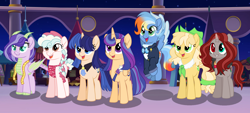 Size: 5624x2544 | Tagged: safe, artist:starvelvetyt, oc, oc only, oc:apple green, oc:colorful sky, oc:cream pie, oc:estella sentry, oc:flourite, oc:rosabella, oc:star velvet, alicorn, dracony, hybrid, pegasus, pony, unicorn, alicorn oc, apron, ascot, base used, clothes, cowboy hat, female, goggles, hat, heterochromia, horn, interspecies offspring, jacket, looking up, mare, measuring tape, next generation, offspring, parent:applejack, parent:caramel, parent:cheese sandwich, parent:flash sentry, parent:fluttershy, parent:king sombra, parent:pinkie pie, parent:rainbow dash, parent:rarity, parent:soarin', parent:spike, parent:twilight sparkle, parents:carajack, parents:cheesepie, parents:flashlight, parents:soarindash, parents:sombrashy, parents:sparity, pegasus oc, sash, smiling, unicorn oc, wings