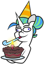 Size: 3900x5707 | Tagged: safe, artist:threetwotwo32232, oc, oc only, oc:alumx, pony, unicorn, birthday cake, cake, candle, food, hat, male, party hat, party horn, simple background, solo, stallion, transparent background