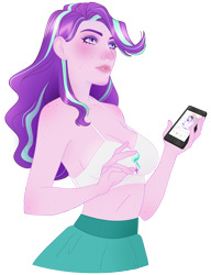 Size: 2300x3000 | Tagged: safe, artist:darthlena, starlight glimmer, human, equestria girls, g4, bare shoulders, bra, cellphone, clothes, female, high res, phone, simple background, skirt, sleeveless, smartphone, solo, tank top, transparent background, underwear