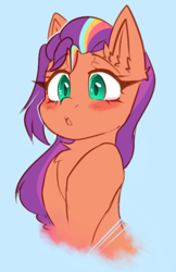 Size: 374x577 | Tagged: safe, artist:thieftea, sunny starscout, earth pony, pony, g5, my little pony: a new generation, blue background, blushing, chest fluff, female, light blue background, mane stripe sunny, mare, multicolored hair, simple background, sketch, solo