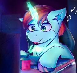 Size: 1813x1735 | Tagged: safe, artist:legionsunite, oc, oc only, pony, unicorn, :p, chair, computer, drawing, drawing tablet, earbuds, gaming chair, magic, music notes, night, office chair, rubik's cube, tablet, tongue out
