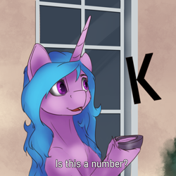 Size: 2000x2000 | Tagged: safe, artist:tenebrisnoctus, izzy moonbow, pony, unicorn, g5, female, high res, is this a pigeon, k, letter, mare, meme, question, solo, sternocleidomastoid, text, underhoof