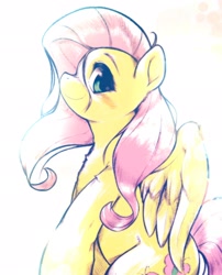 Size: 1652x2048 | Tagged: safe, artist:kurogewapony, fluttershy, pegasus, pony, g4, aside glance, cute, female, looking at you, mare, profile, shyabetes, simple background, sitting, smiling, smiling at you, solo, spread wings, stray strand, white background, wings