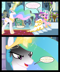 Size: 1280x1545 | Tagged: safe, artist:bigsnusnu, princess cadance, princess celestia, alicorn, earth pony, pony, unicorn, comic:dusk shine in pursuit of happiness, candle, clothes, column, crown, dress, evil grin, flower, flower vase, glare, glowing, glowing horn, grin, horn, jewelry, petals, regalia, ribbon, rug, smiling, stairs, wedding dress