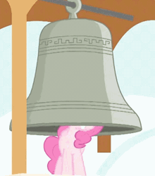 Size: 476x540 | Tagged: safe, screencap, pinkie pie, earth pony, pony, castle mane-ia, g4, season 4, animated, bell, clock, cropped, cute, female, grin, mare, pinkie being pinkie, smiling, solo, teeth