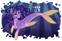 Size: 800x535 | Tagged: safe, artist:dendropsyche, oc, oc only, merpony, seapony (g4), crepuscular rays, dorsal fin, eyeshadow, fins, fish tail, flowing mane, flowing tail, lidded eyes, makeup, ocean, purple mane, seapony oc, signature, simple background, smiling, solo, sunlight, swimming, tail, transparent background, underwater, water