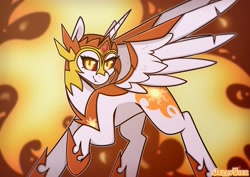 Size: 4093x2894 | Tagged: safe, artist:jellysketch, daybreaker, alicorn, pony, g4, armor, evil, female, fire, high res, mare, raised hoof, signature, smiling, solo, spread wings, sun, wings