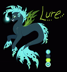 Size: 2363x2538 | Tagged: safe, artist:microwaved-box, oc, oc only, changeling, hybrid, seapony (g4), angler seapony, black background, dorsal fin, fin wings, fins, fish tail, flowing tail, glowing, green eyes, grin, gritted teeth, high res, interspecies offspring, magical lesbian spawn, male, offspring, parent:princess skystar, parent:queen chrysalis, simple background, smiling, solo, tail, teeth, wings