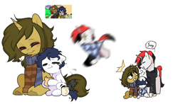 Size: 1478x872 | Tagged: safe, artist:inkp0ne, oc, oc only, oc:kisho, oc:michel tusche, oc:sagiri himoto, earth pony, pony, unicorn, pony town, :o, ^^, black hair, black mane, black tail, blanket, blue hair, blue mane, blue tail, blurr, blushing, bread, brown coat, brown eyes, brown hair, brown mane, chewing, clothes, confused, ears, ears up, earth pony oc, eating, excited, excitement, eyes closed, floppy ears, flower, food, group, head pat, horn, hug, hugging a pony, lemon ink, michel is such a cute filly, mug, open mouth, pat, red hair, red mane, red tail, rose, running, scarf, screencap reference, simple background, smiling, speech bubble, starry eyes, steam, surprised, sweater, tail, tail wiggle, teary eyes, unicorn oc, unshorn fetlocks, warm, wat, white background, white coat, wide eyes, wingding eyes