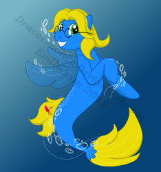 Size: 1500x1603 | Tagged: safe, artist:dracocrochet, oc, oc only, pegasus, pony, seapony (g4), blue background, bubble, crepuscular rays, cute, digital art, dorsal fin, female, fin wings, fins, flowing mane, glasses, green eyes, mare, obtrusive watermark, ocean, seaponified, simple background, smiling, solo, species swap, sunlight, swimming, teeth, underwater, water, watermark, wings, yellow mane