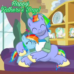 Size: 900x900 | Tagged: safe, artist:mlplary6, bow hothoof, rainbow dash, pegasus, pony, g4, eyes closed, father and child, father and daughter, father's day, female, filly, filly rainbow dash, foal, heart, hug, male, smiling, stallion, younger