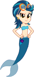 Size: 952x2126 | Tagged: safe, artist:fireluigi29, indigo zap, human, mermaid, equestria girls, g4, bare shoulders, belly button, clothes, female, fins, fish tail, goggles, hand on hip, looking at you, mermaid tail, mermaidized, mermay, simple background, sleeveless, solo, species swap, strapless, tail, transparent background