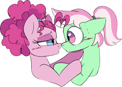 Size: 1687x1218 | Tagged: safe, artist:taaffeiite, minty, minty (g4), pinkie pie, earth pony, pony, g4, alternate hairstyle, blushing, bust, duo, duo female, female, hair tie, holding hooves, hoof on chin, imminent kissing, lesbian, looking at each other, looking at someone, mare, nervous, ship:mintypinkie, shipping, simple background, transparent background