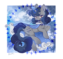 Size: 2048x1913 | Tagged: safe, artist:qamar, oc, oc only, oc:snow fallie, pony, unicorn, abstract background, cape, chaos star, clothes, fangs, horn, solo, unicorn oc