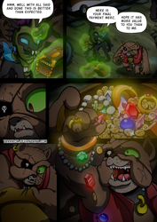 Size: 2408x3400 | Tagged: safe, artist:tarkron, oc, changeling, diamond dog, comic:fusing the fusions, comic:time of the fusions, bag, box, changeling oc, clothes, collar, comic, commissioner:bigonionbean, dialogue, dog collar, eyepatch, friendship express, gold, guard, high res, horn, jewelry, magic, male, puddle, saddle bag, soldier, soldier pony, stallion, storm, train, train car, treasure, wings, writer:bigonionbean
