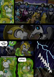 Size: 2408x3400 | Tagged: safe, artist:tarkron, oc, changeling, earth pony, hybrid, pegasus, pony, undead, unicorn, comic:fusing the fusions, comic:time of the fusions, bag, carapace, changeling oc, clothes, collar, comic, commissioner:bigonionbean, crying, dialogue, female, filly, foal, friendship express, gag, guard, high res, horn, horror, insect wings, levitation, lightning, magic, male, mare, prisoner, puddle, rain, royal guard, saddle bag, screaming, soldier, soldier pony, stallion, storm, tape, tape gag, telekinesis, tied up, train, train car, wings, writer:bigonionbean
