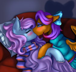 Size: 2144x2020 | Tagged: safe, artist:shamy-crist, oc, oc only, pegasus, pony, blanket, bow, clothes, female, hair bow, high res, kiss on the lips, kissing, lesbian, mare, oc x oc, pegasus oc, scarf, shipping