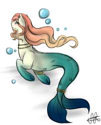 Size: 538x664 | Tagged: safe, artist:scarletsfeed, oc, oc only, merpony, bubble, female, fish tail, flowing mane, jewelry, mare, mermaid tail, necklace, orange mane, signature, simple background, sketch, solo, tail, white background