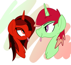 Size: 1451x1311 | Tagged: safe, artist:notadeliciouspotato, oc, oc only, oc:flaps tune, oc:jonin, pony, unicorn, :p, abstract background, bust, commission, duo, female, gradient background, lidded eyes, looking at each other, looking at someone, male, mare, simple background, smiling, stallion, tongue out, transparent background
