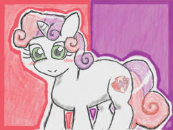 Size: 640x480 | Tagged: safe, artist:あすぐり, sweetie belle, pony, unicorn, g4, blushing, female, filly, foal, smiling, solo, traditional art