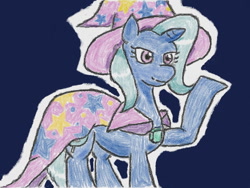 Size: 640x480 | Tagged: safe, artist:あすぐり, trixie, pony, unicorn, g4, brooch, cape, clothes, female, hat, jewelry, mare, raised hoof, smiling, solo, traditional art, trixie's brooch, trixie's cape, trixie's hat