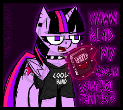 Size: 1154x1034 | Tagged: safe, artist:xxv4mp_g4z3rxx, twilight sparkle, alicorn, pony, alternate design, blood, book, clothes, collar, emo, fangs, female, mare, purple eyes, shirt, solo, spiked collar, twilight sparkle (alicorn)