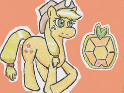 Size: 640x480 | Tagged: safe, artist:あすぐり, applejack, earth pony, pony, g4, applejack's hat, cowboy hat, element of honesty, female, freckles, hat, mare, orange background, simple background, solo, traditional art
