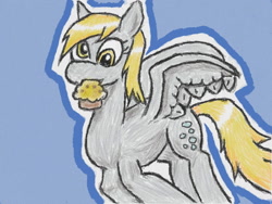 Size: 640x480 | Tagged: safe, artist:あすぐり, derpy hooves, pegasus, pony, g4, blue background, female, flying, food, mare, mouth hold, muffin, simple background, solo, spread wings, that pony sure does love muffins, traditional art, wings