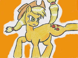 Size: 640x480 | Tagged: safe, artist:あすぐり, applejack, earth pony, pony, angry, applejack's hat, bucking, cowboy hat, female, freckles, hat, looking back, mare, open mouth, orange background, raised hoof, raised leg, raised tail, simple background, solo, tail, traditional art