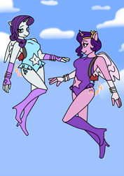 Size: 1345x1896 | Tagged: safe, artist:bambom08, pipp petals, rarity, alicorn, anthro, g5, alicornified, clothes, duo, flying, jetpack, leotard, looking at each other, looking at someone, looking at you, pippcorn, race swap, raricorn, sky, sky background, smiling, smiling at each other, smiling at you