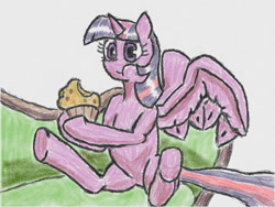 Size: 640x480 | Tagged: safe, alternate version, artist:あすぐり, twilight sparkle, alicorn, pony, chewing, couch, eating, female, food, hoof hold, mare, muffin, sitting, solo, spread wings, traditional art, twilight sparkle (alicorn), underhoof, wings