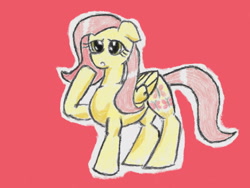 Size: 640x480 | Tagged: safe, artist:あすぐり, fluttershy, pegasus, pony, female, floppy ears, folded wings, mare, open mouth, raised hoof, simple background, solo, traditional art, wings